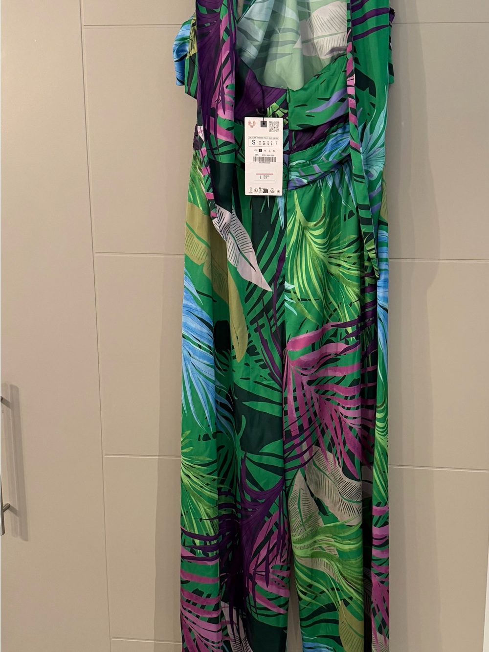 Zara Satin Tropical Leaf Print Jumpsuit in Green & Purple